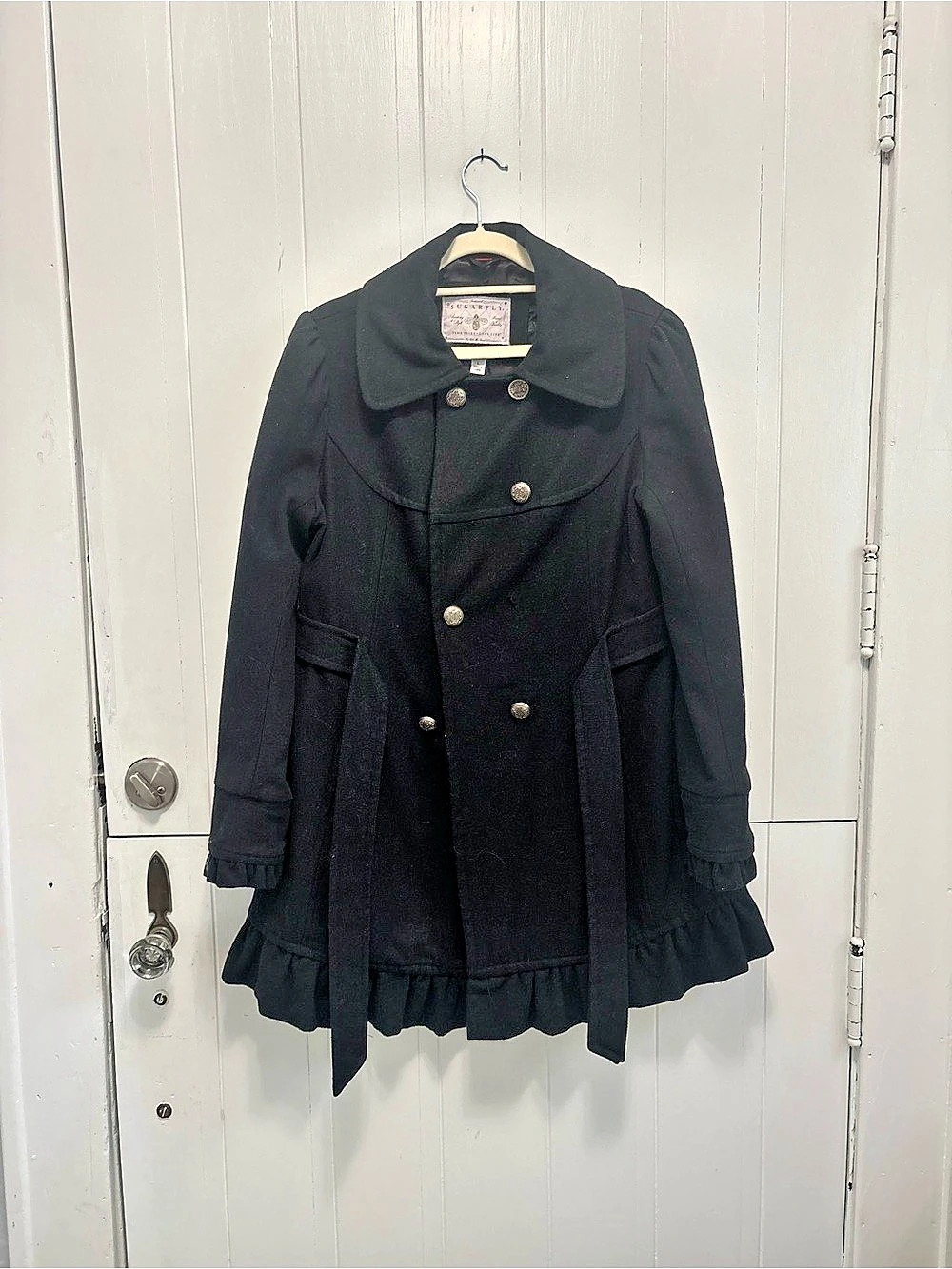 SugarFly Black Wool Blend Ruffle Coat Size Large